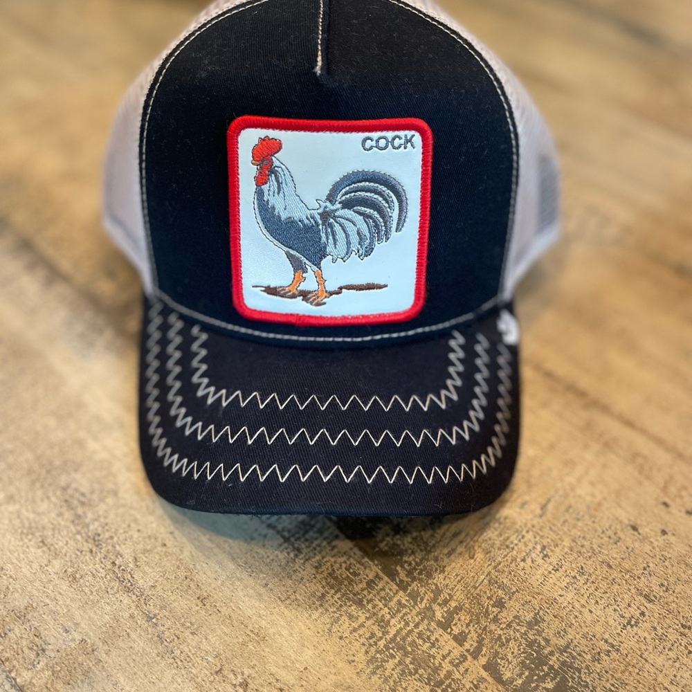 Goorin Bros Black and Tan Trucker Hat with Rooster Patch